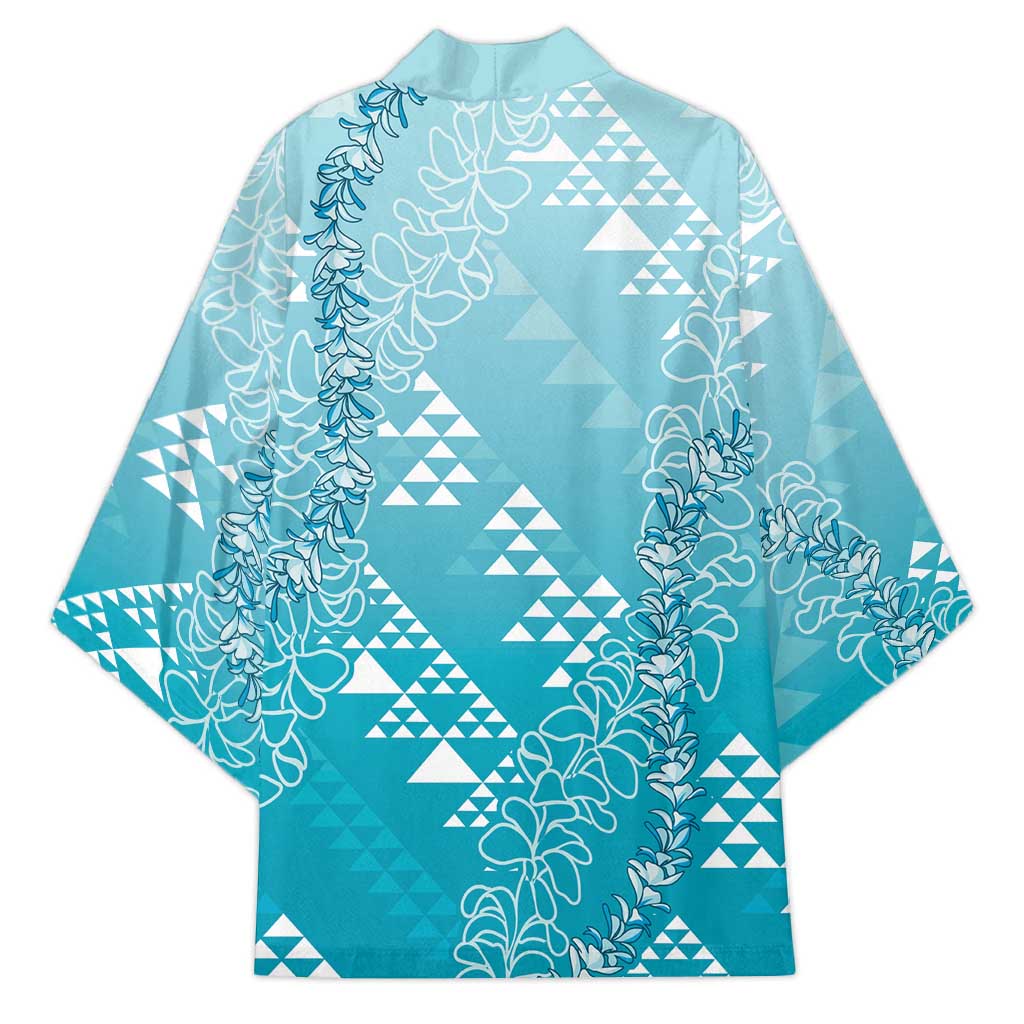 Hawaii Turquoise Kapa Kimono Vintage 'Ohe Kāpala Motifs Mix Plumeria Leis LT7 - Polynesian Pride