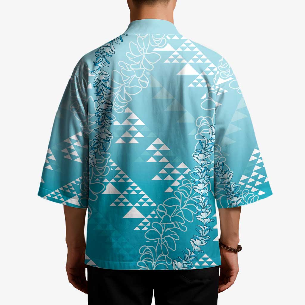 Hawaii Turquoise Kapa Kimono Vintage 'Ohe Kāpala Motifs Mix Plumeria Leis LT7 - Polynesian Pride