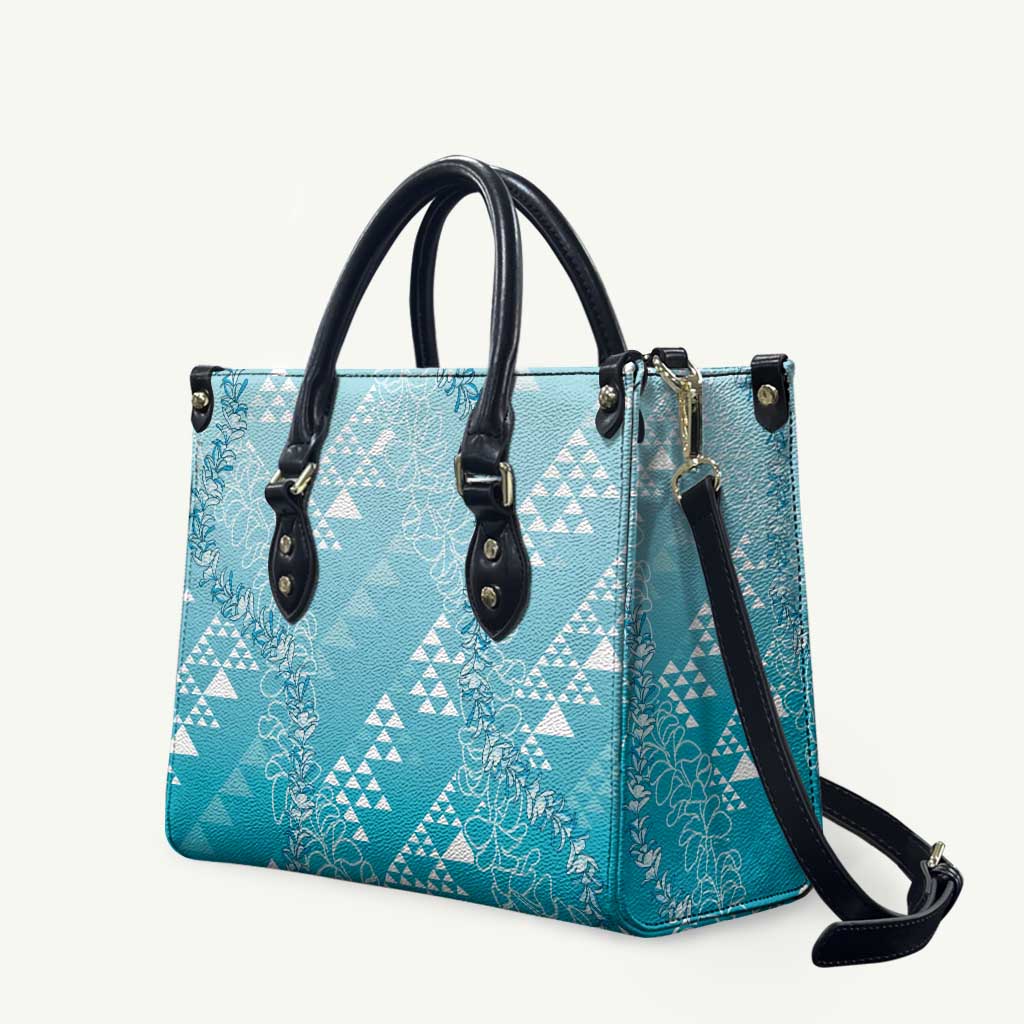 Hawaii Turquoise Kapa Leather Bag Vintage 'Ohe Kāpala Motifs Mix Plumeria Leis LT7 Turquoise - Polynesian Pride