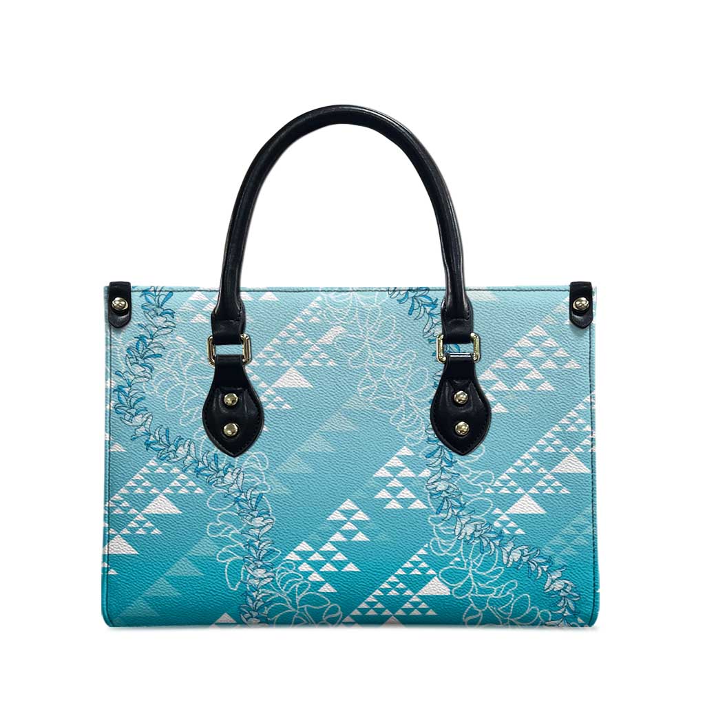 Hawaii Turquoise Kapa Leather Bag Vintage 'Ohe Kāpala Motifs Mix Plumeria Leis LT7 - Polynesian Pride
