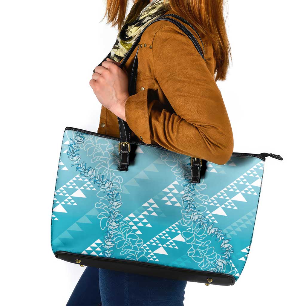 Hawaii Turquoise Kapa Leather Tote Bag Vintage 'Ohe Kāpala Motifs Mix Plumeria Leis LT7 Turquoise - Polynesian Pride