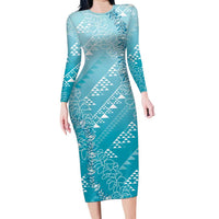 Hawaii Turquoise Kapa Long Sleeve Bodycon Dress Vintage 'Ohe Kāpala Motifs Mix Plumeria Leis