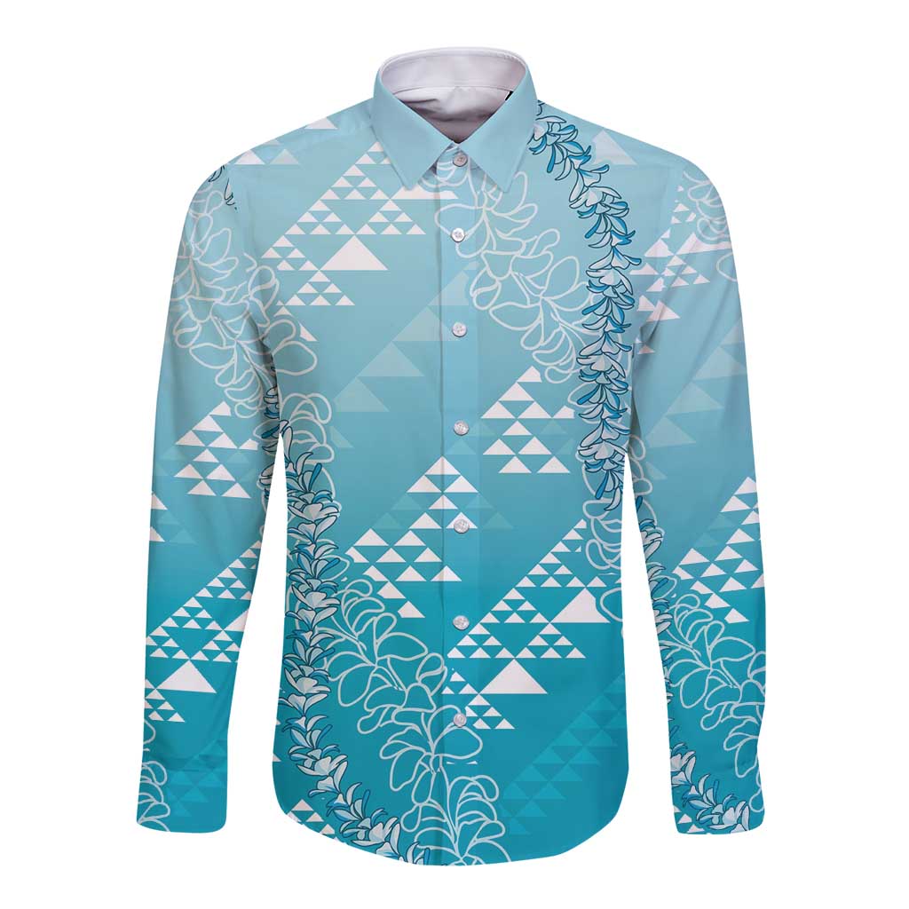 Hawaii Turquoise Kapa Long Sleeve Button Shirt Vintage 'Ohe Kāpala Motifs Mix Plumeria Leis LT7 Unisex Turquoise - Polynesian Pride