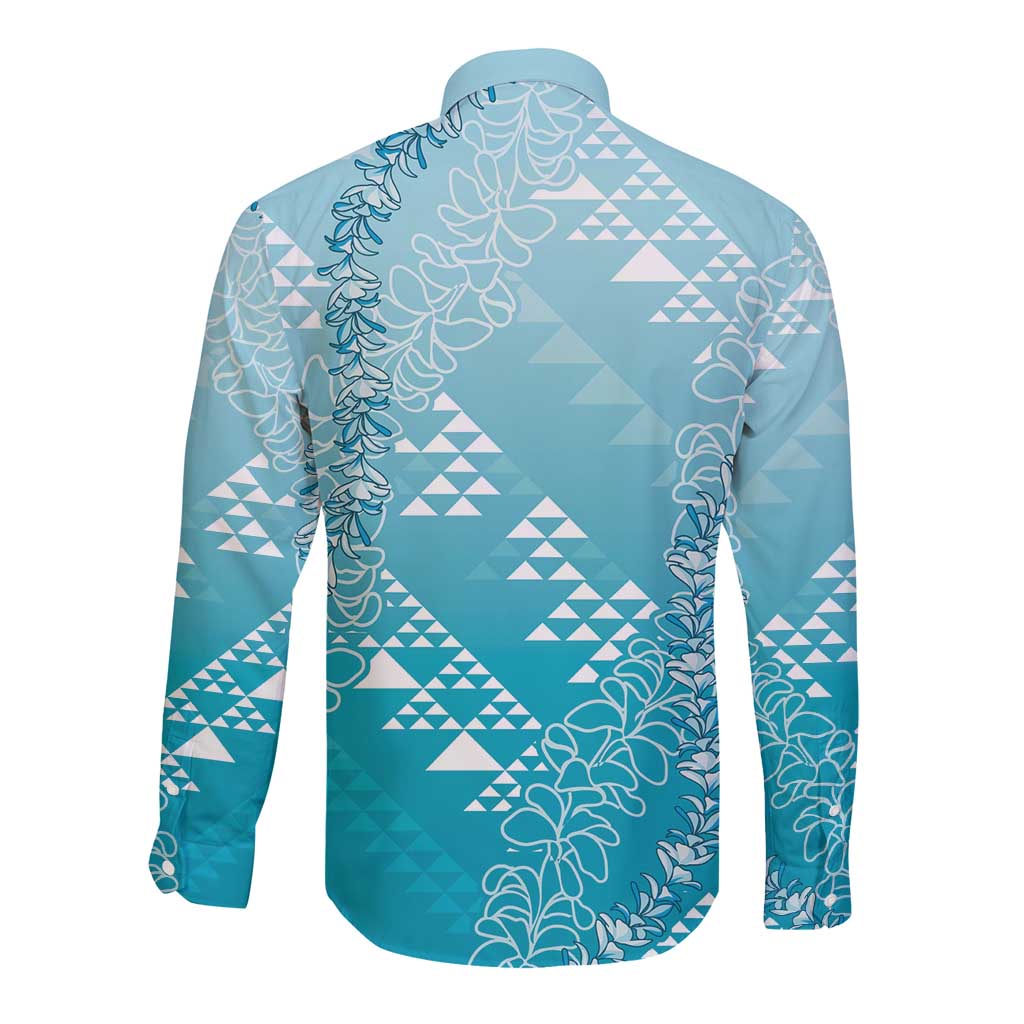 Hawaii Turquoise Kapa Long Sleeve Button Shirt Vintage 'Ohe Kāpala Motifs Mix Plumeria Leis LT7 - Polynesian Pride