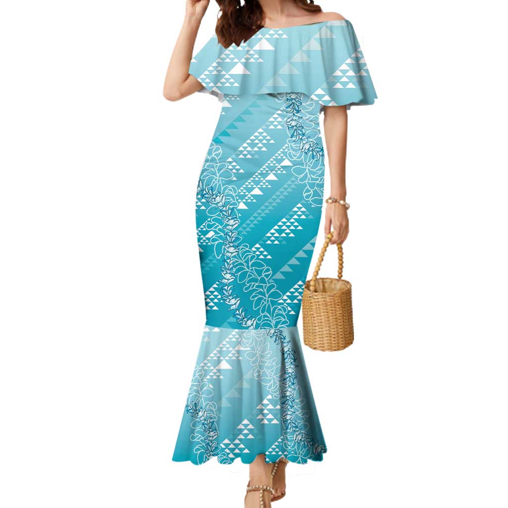 Hawaii Turquoise Kapa Mermaid Dress Vintage 'Ohe Kāpala Motifs Mix Plumeria Leis LT7 Women Turquoise - Polynesian Pride