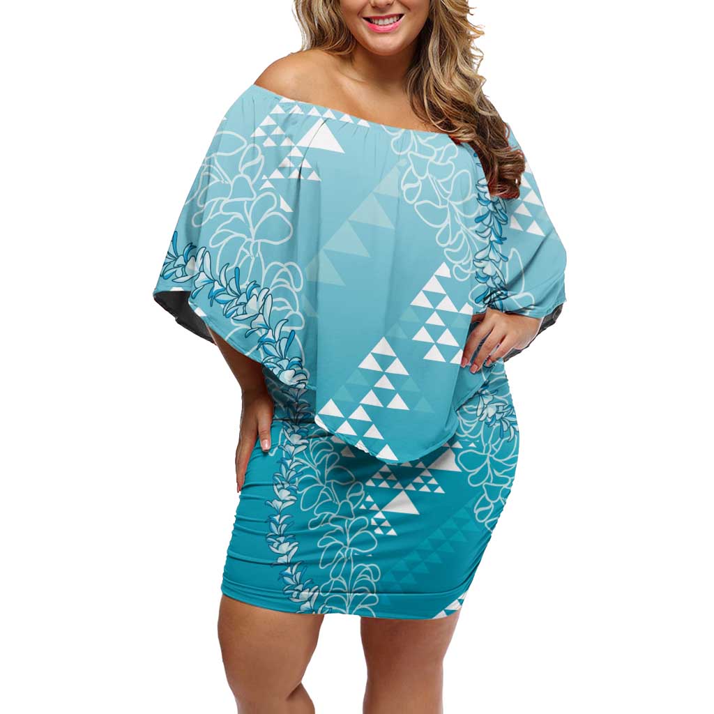 Hawaii Turquoise Kapa Off Shoulder Short Dress Vintage 'Ohe Kāpala Motifs Mix Plumeria Leis