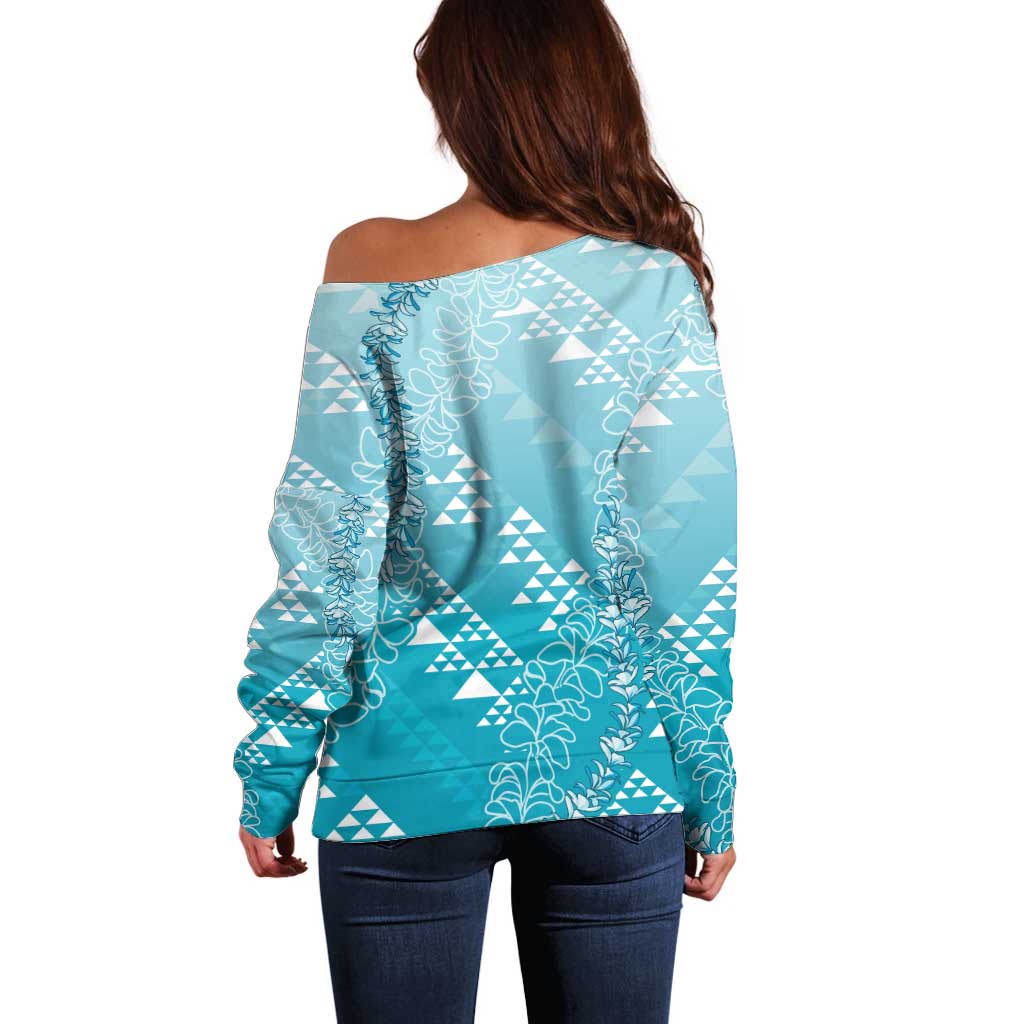 Hawaii Turquoise Kapa Off Shoulder Sweater Vintage 'Ohe Kāpala Motifs Mix Plumeria Leis