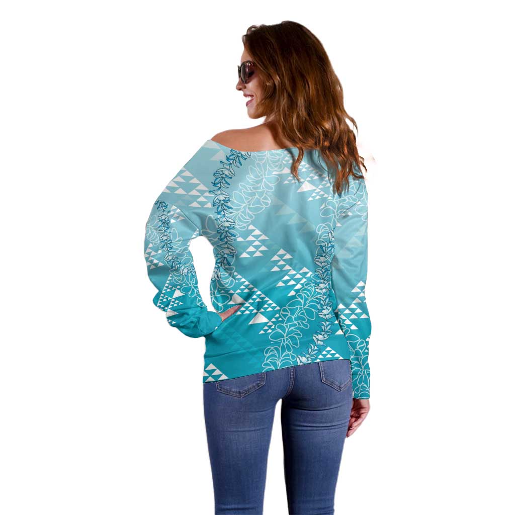 Hawaii Turquoise Kapa Off Shoulder Sweater Vintage 'Ohe Kāpala Motifs Mix Plumeria Leis