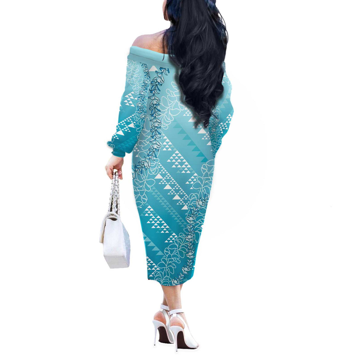 Hawaii Turquoise Kapa Off The Shoulder Long Sleeve Dress Vintage 'Ohe Kāpala Motifs Mix Plumeria Leis