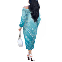 Hawaii Turquoise Kapa Off The Shoulder Long Sleeve Dress Vintage 'Ohe Kāpala Motifs Mix Plumeria Leis