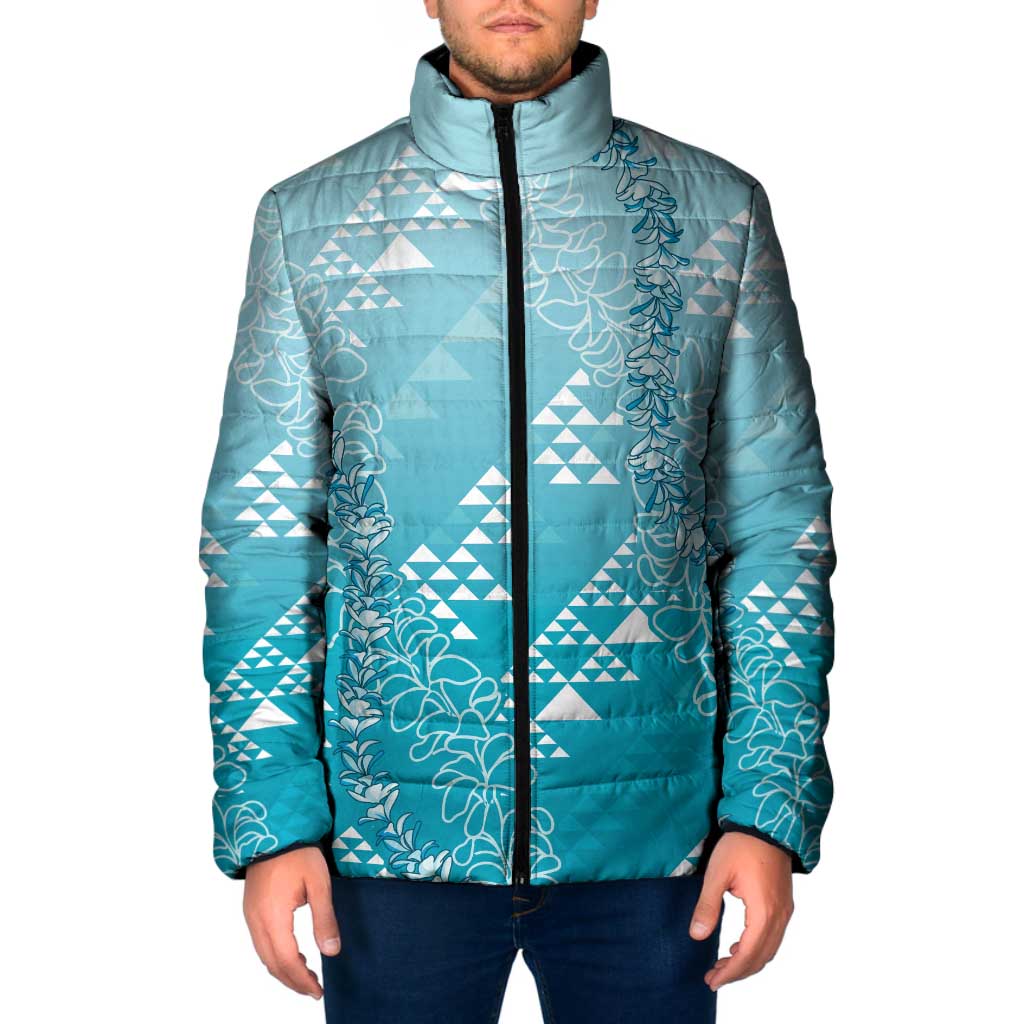 Hawaii Turquoise Kapa Padded Jacket Vintage 'Ohe Kāpala Motifs Mix Plumeria Leis LT7 Men Turquoise - Polynesian Pride