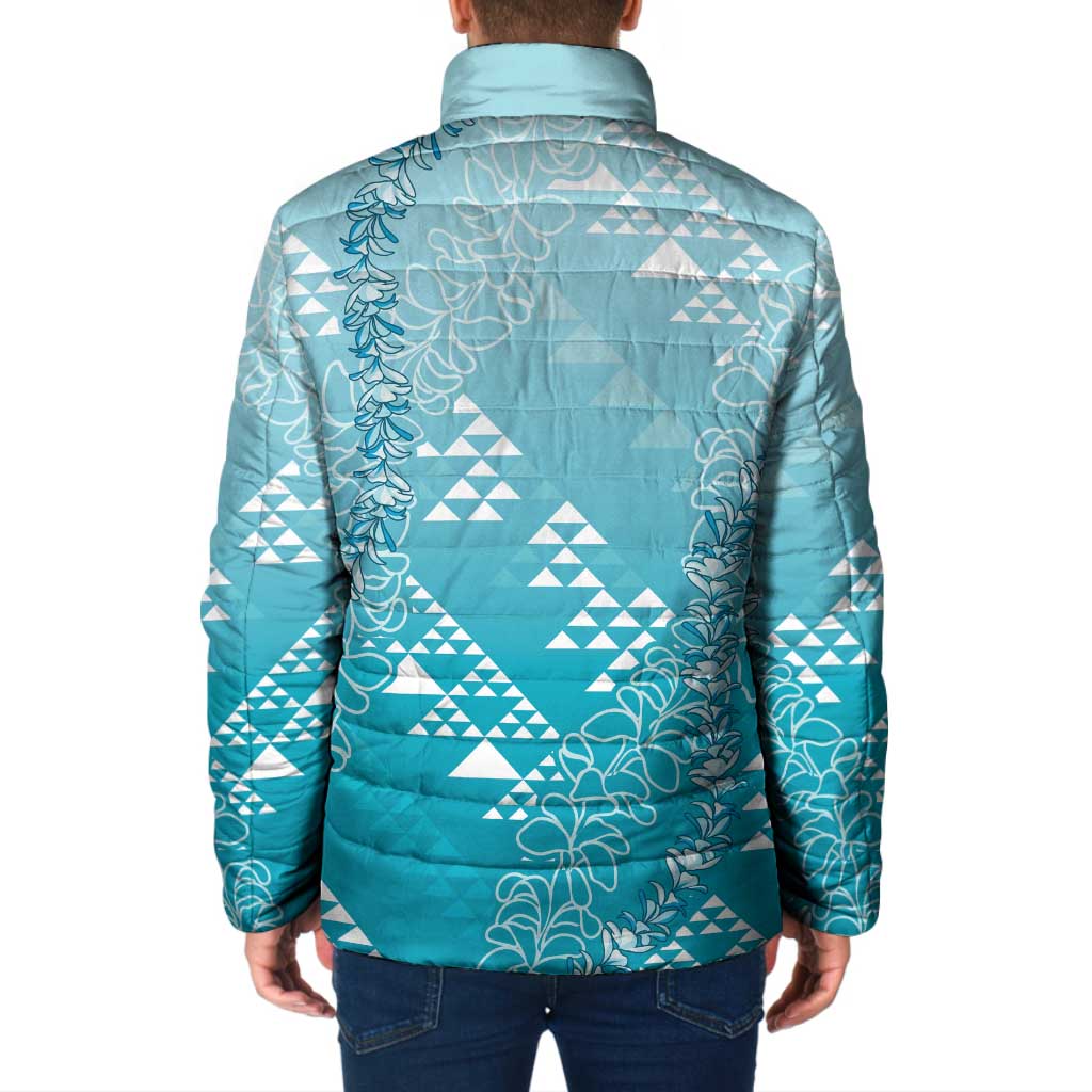 Hawaii Turquoise Kapa Padded Jacket Vintage 'Ohe Kāpala Motifs Mix Plumeria Leis LT7 - Polynesian Pride