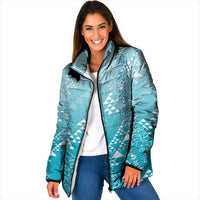 Hawaii Turquoise Kapa Padded Jacket Vintage 'Ohe Kāpala Motifs Mix Plumeria Leis LT7 Women Turquoise - Polynesian Pride