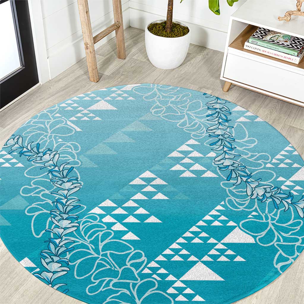Hawaii Turquoise Kapa Round Carpet Vintage 'Ohe Kāpala Motifs Mix Plumeria Leis LT7 Turquoise - Polynesian Pride