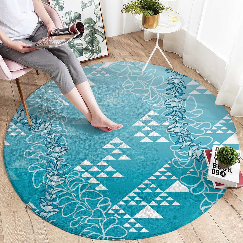 Hawaii Turquoise Kapa Round Carpet Vintage 'Ohe Kāpala Motifs Mix Plumeria Leis LT7 - Polynesian Pride