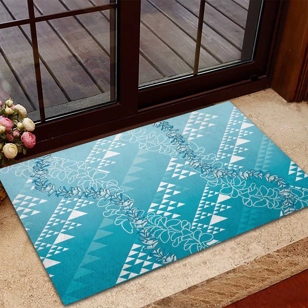 Hawaii Turquoise Kapa Rubber Doormat Vintage 'Ohe Kāpala Motifs Mix Plumeria Leis LT7 - Polynesian Pride