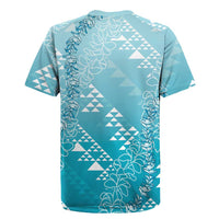 Hawaii Turquoise Kapa Rugby Jersey Vintage 'Ohe Kāpala Motifs Mix Plumeria Leis