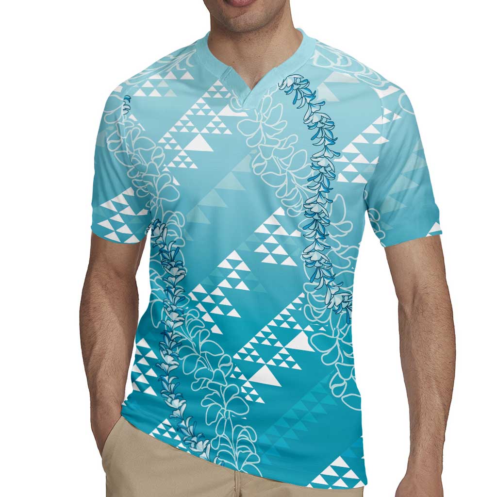 Hawaii Turquoise Kapa Rugby Jersey Vintage 'Ohe Kāpala Motifs Mix Plumeria Leis