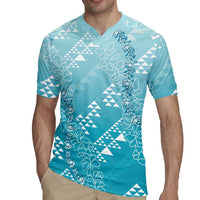 Hawaii Turquoise Kapa Rugby Jersey Vintage 'Ohe Kāpala Motifs Mix Plumeria Leis