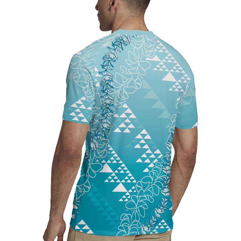 Hawaii Turquoise Kapa Rugby Jersey Vintage 'Ohe Kāpala Motifs Mix Plumeria Leis
