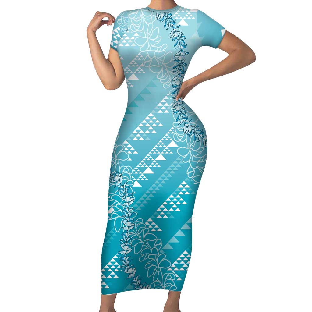 Hawaii Turquoise Kapa Short Sleeve Bodycon Dress Vintage 'Ohe Kāpala Motifs Mix Plumeria Leis LT7 Long Dress Turquoise - Polynesian Pride