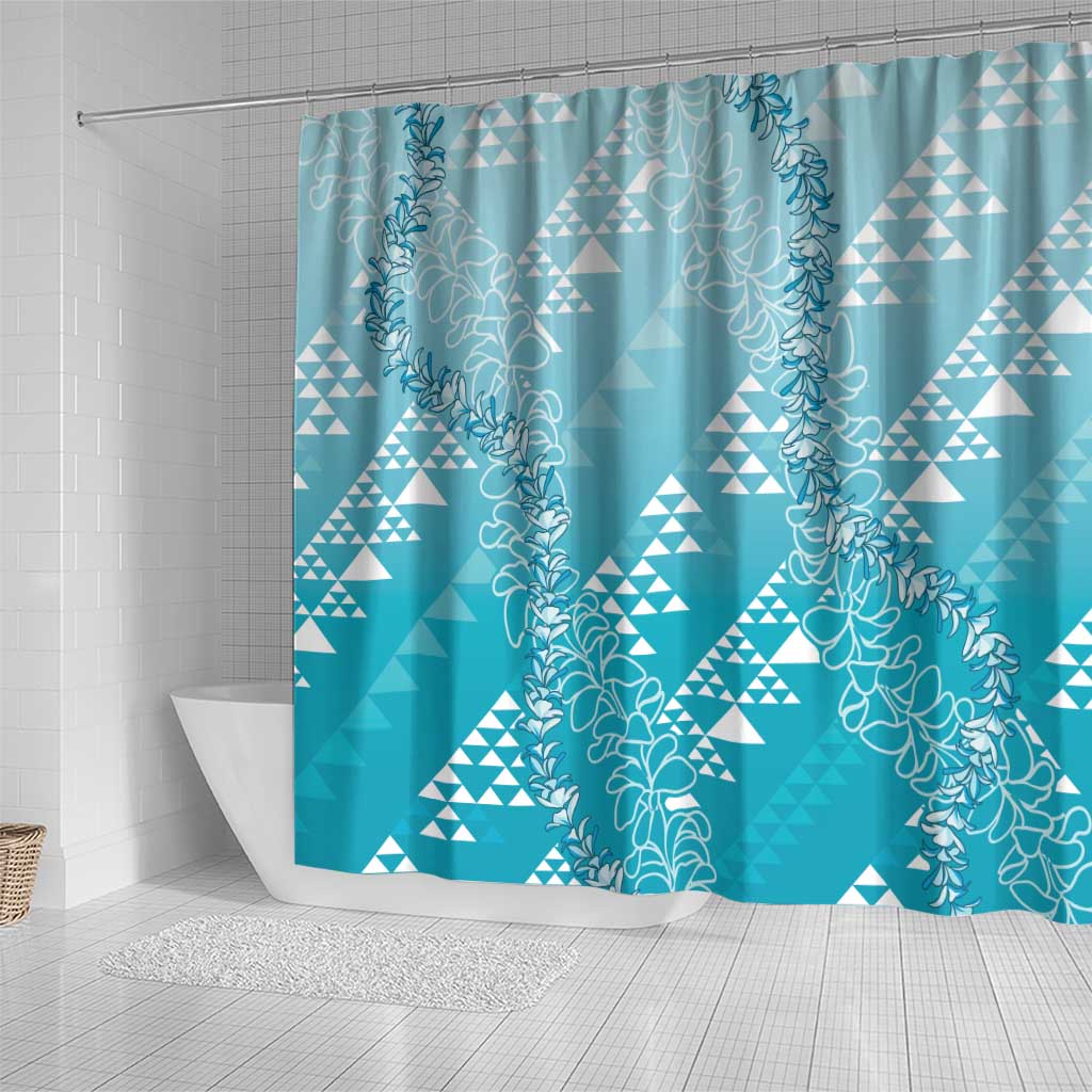 Hawaii Turquoise Kapa Shower Curtain Vintage 'Ohe Kāpala Motifs Mix Plumeria Leis