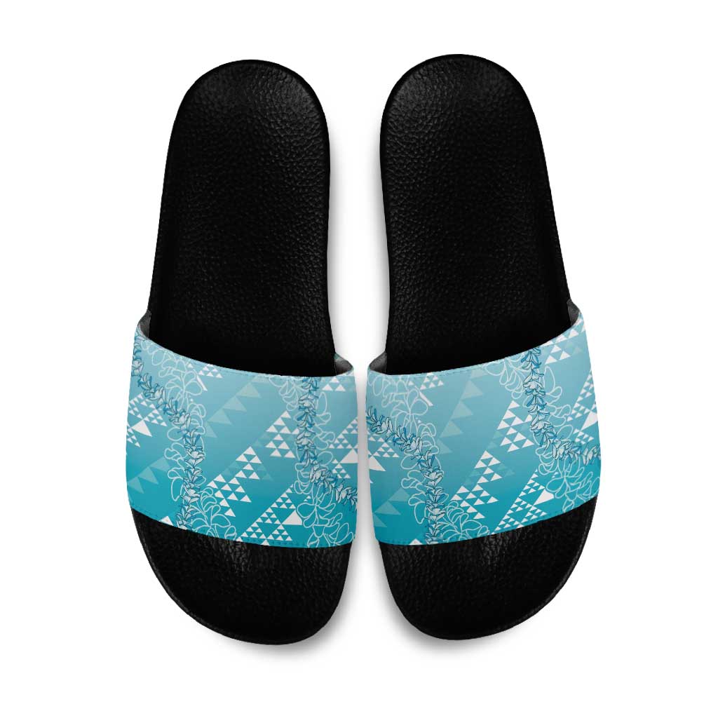 Hawaii Turquoise Kapa Slide Sandals Vintage 'Ohe Kāpala Motifs Mix Plumeria Leis LT7 Turquoise - Polynesian Pride