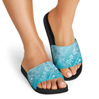 Hawaii Turquoise Kapa Slide Sandals Vintage 'Ohe Kāpala Motifs Mix Plumeria Leis LT7 - Polynesian Pride