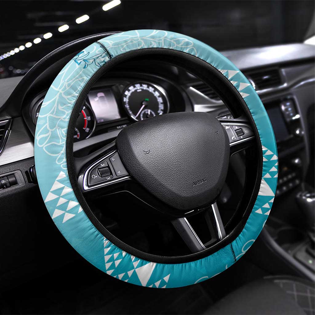 Hawaii Turquoise Kapa Steering Wheel Cover Vintage 'Ohe Kāpala Motifs Mix Plumeria Leis LT7 Universal Fit Turquoise - Polynesian Pride