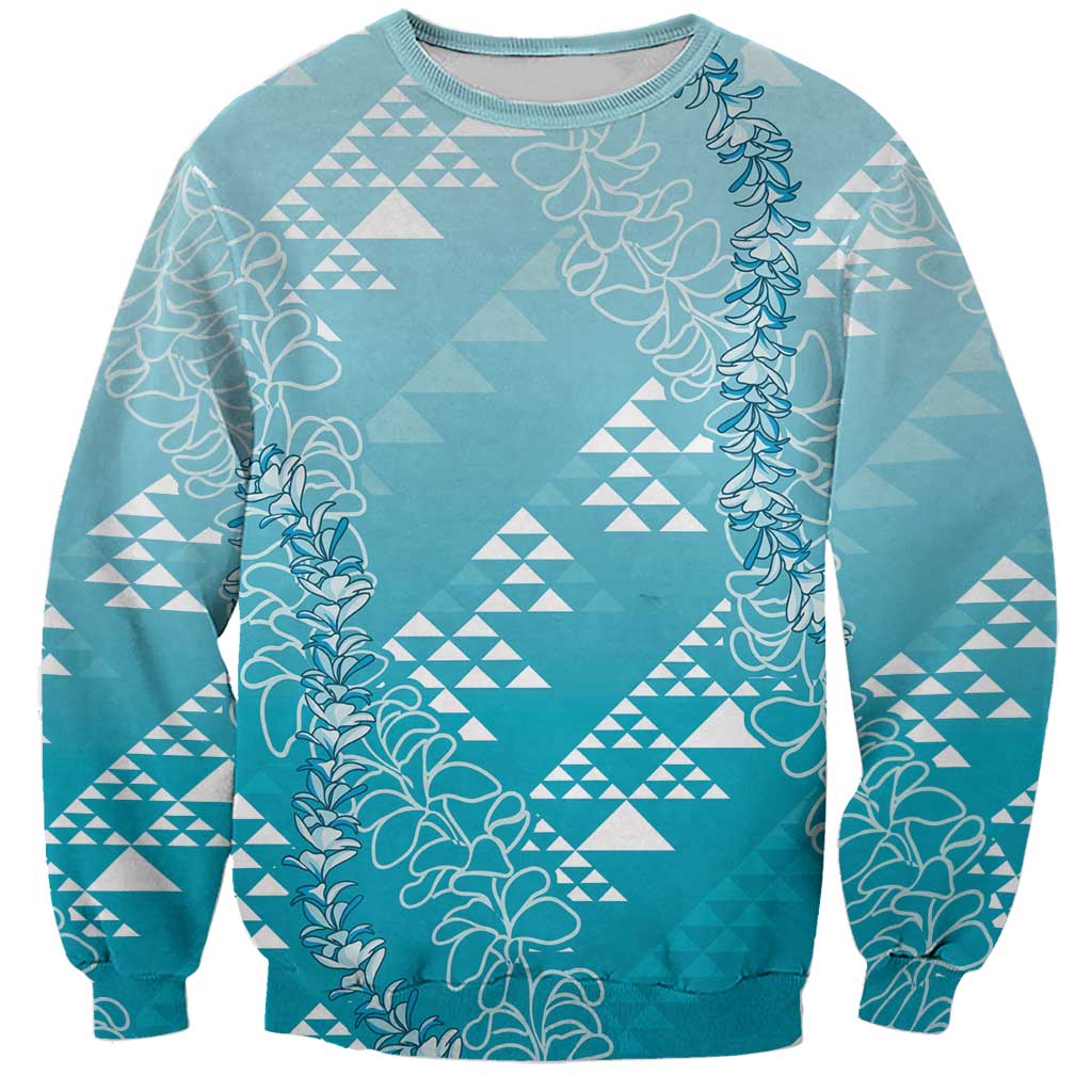 Hawaii Turquoise Kapa Sweatshirt Vintage 'Ohe Kāpala Motifs Mix Plumeria Leis LT7 Unisex Turquoise - Polynesian Pride