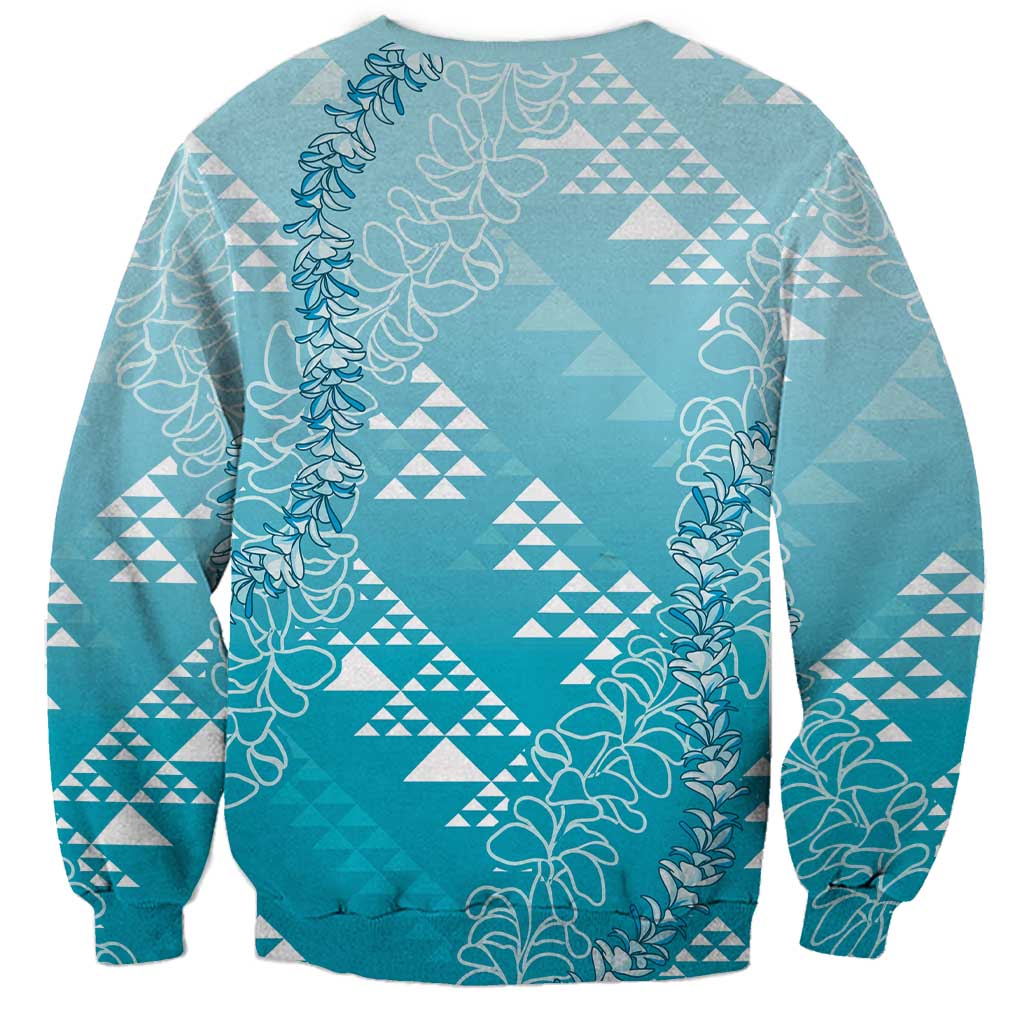 Hawaii Turquoise Kapa Sweatshirt Vintage 'Ohe Kāpala Motifs Mix Plumeria Leis LT7 - Polynesian Pride