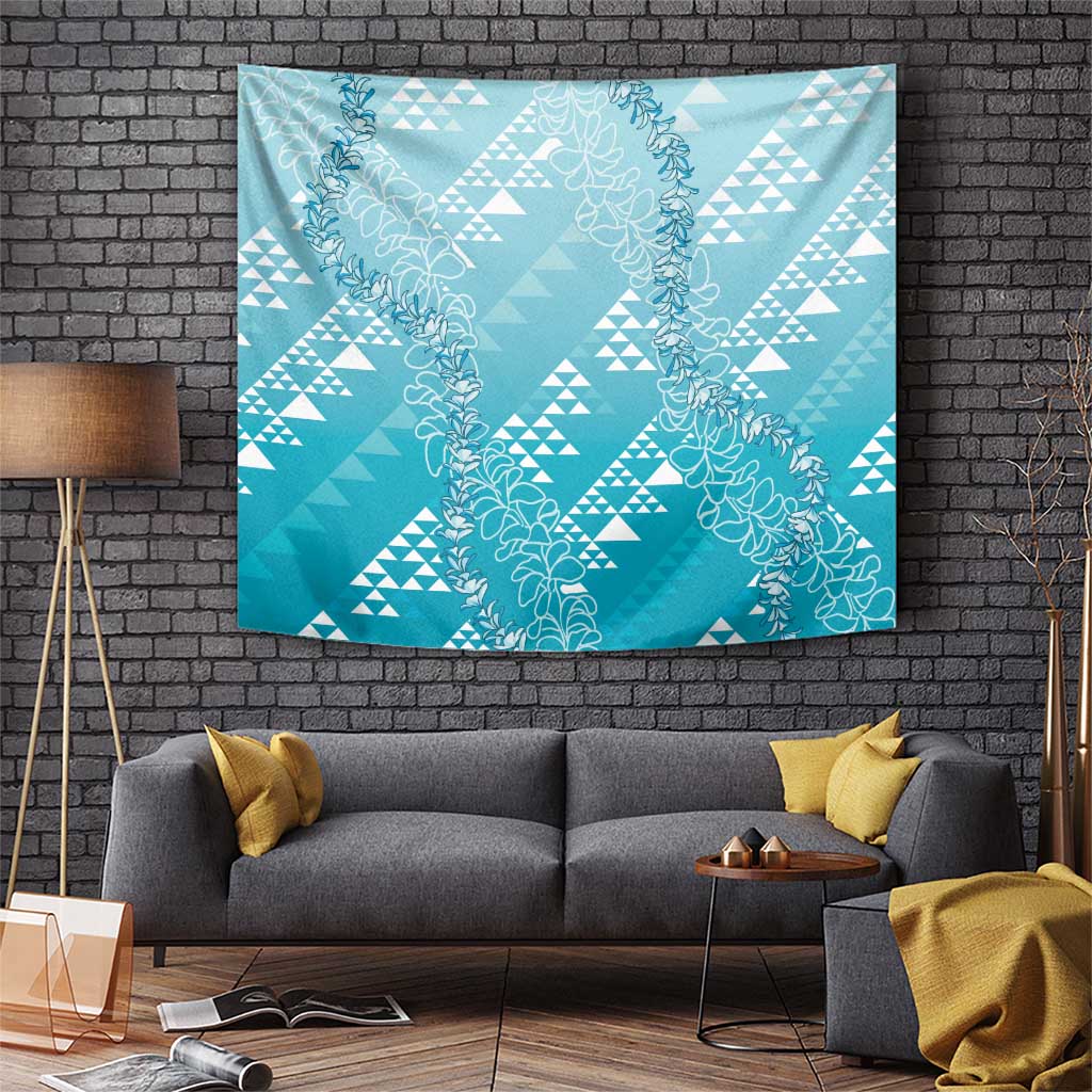 Hawaii Turquoise Kapa Tapestry Vintage 'Ohe Kāpala Motifs Mix Plumeria Leis LT7 Turquoise - Polynesian Pride