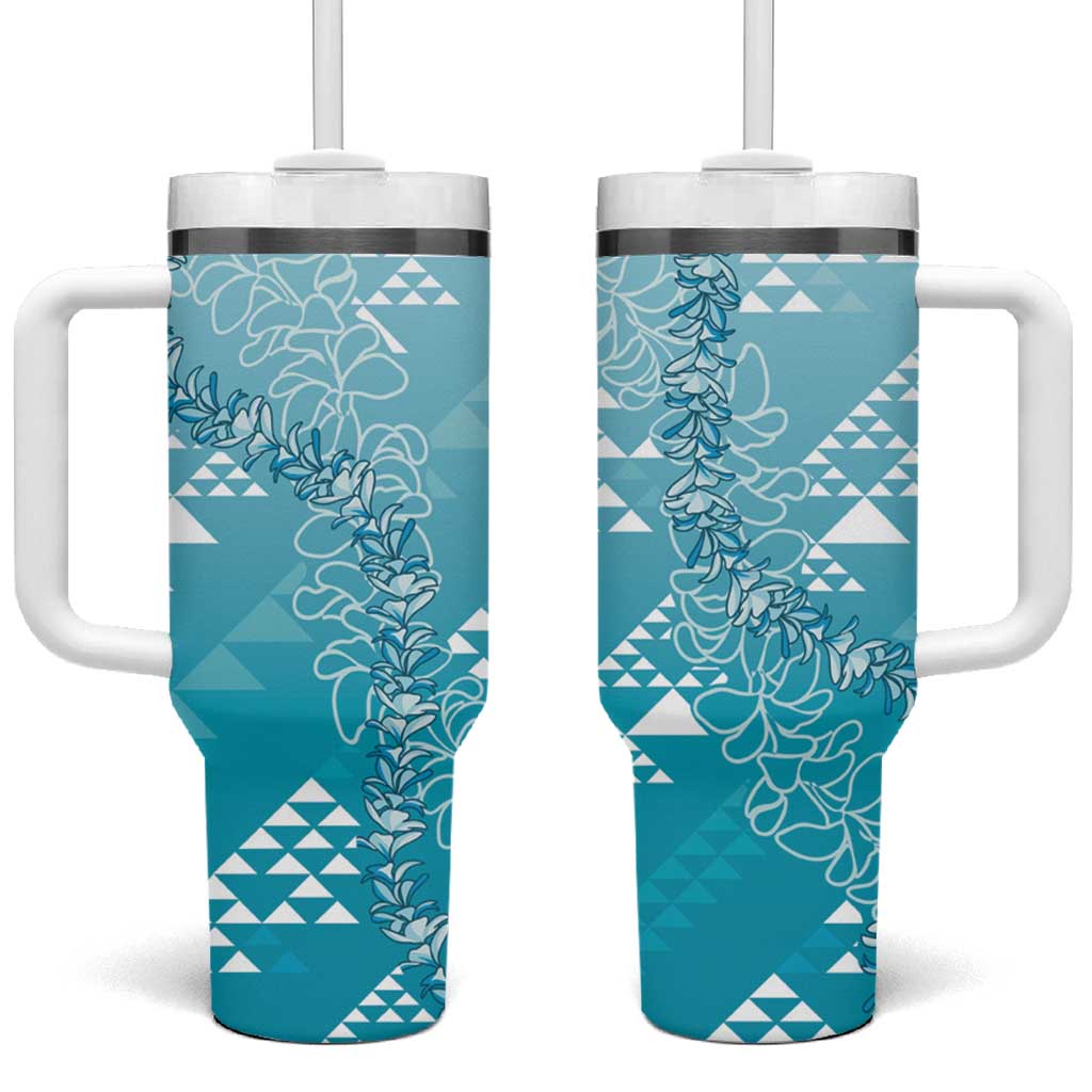 Hawaii Turquoise Kapa Tumbler With Handle Vintage 'Ohe Kāpala Motifs Mix Plumeria Leis