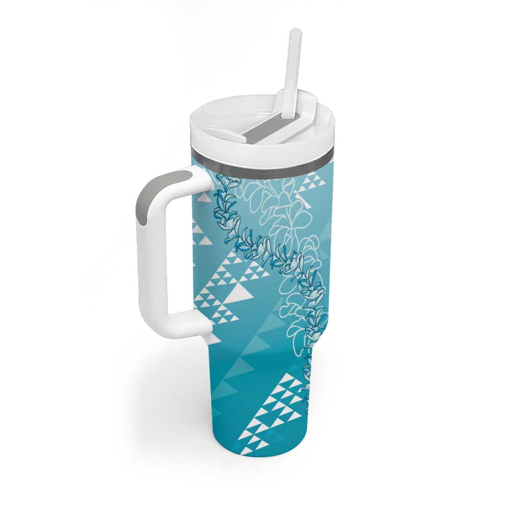 Hawaii Turquoise Kapa Tumbler With Handle Vintage 'Ohe Kāpala Motifs Mix Plumeria Leis