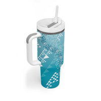 Hawaii Turquoise Kapa Tumbler With Handle Vintage 'Ohe Kāpala Motifs Mix Plumeria Leis