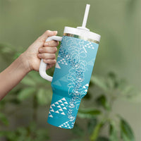 Hawaii Turquoise Kapa Tumbler With Handle Vintage 'Ohe Kāpala Motifs Mix Plumeria Leis