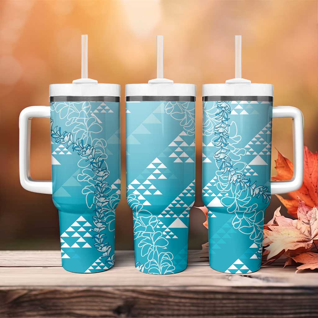Hawaii Turquoise Kapa Tumbler With Handle Vintage 'Ohe Kāpala Motifs Mix Plumeria Leis