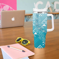 Hawaii Turquoise Kapa Tumbler With Handle Vintage 'Ohe Kāpala Motifs Mix Plumeria Leis