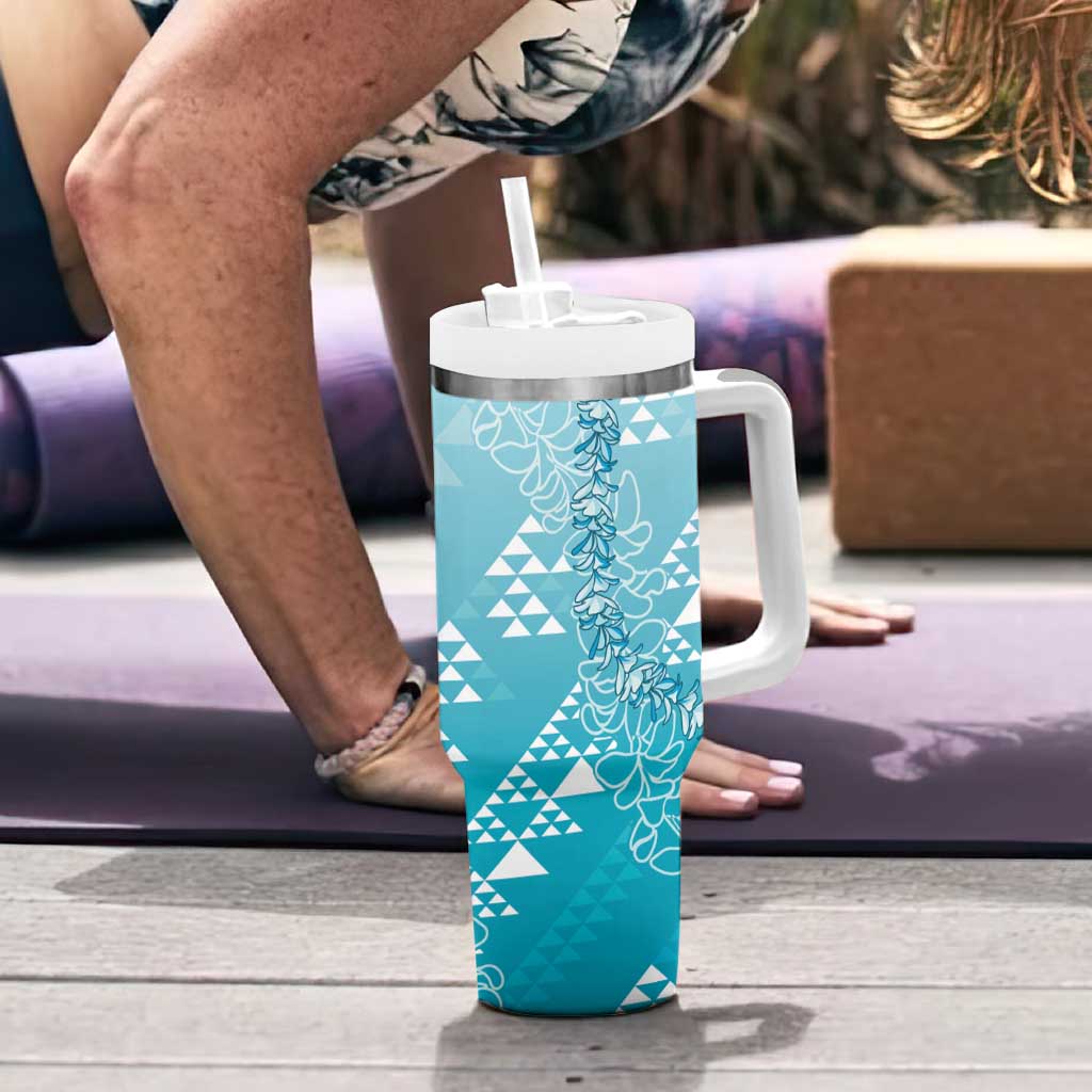 Hawaii Turquoise Kapa Tumbler With Handle Vintage 'Ohe Kāpala Motifs Mix Plumeria Leis
