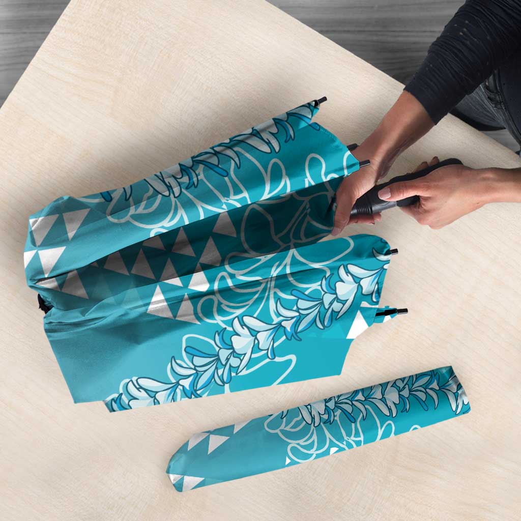 Hawaii Turquoise Kapa Umbrella Vintage 'Ohe Kāpala Motifs Mix Plumeria Leis LT7 - Polynesian Pride