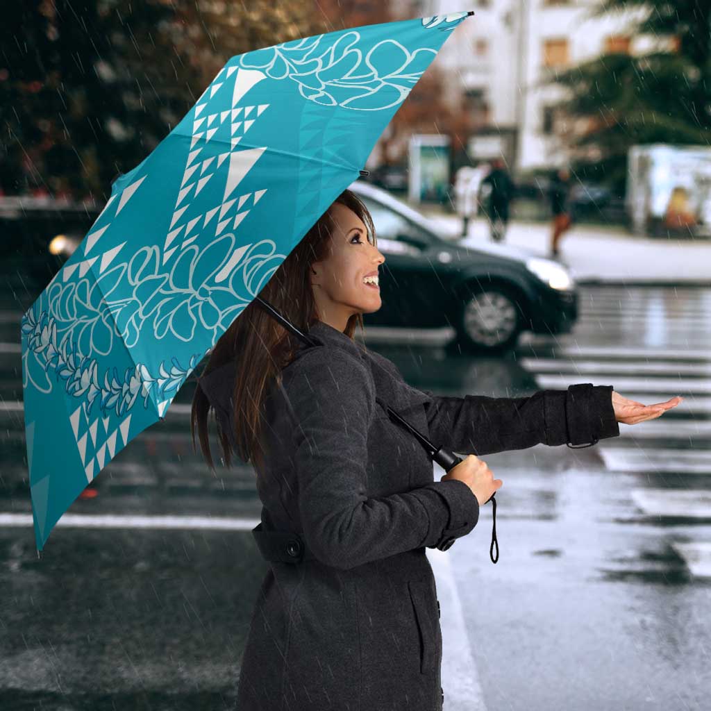 Hawaii Turquoise Kapa Umbrella Vintage 'Ohe Kāpala Motifs Mix Plumeria Leis LT7 - Polynesian Pride