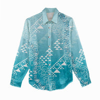 Hawaii Turquoise Kapa Women Casual Shirt Vintage 'Ohe Kāpala Motifs Mix Plumeria Leis