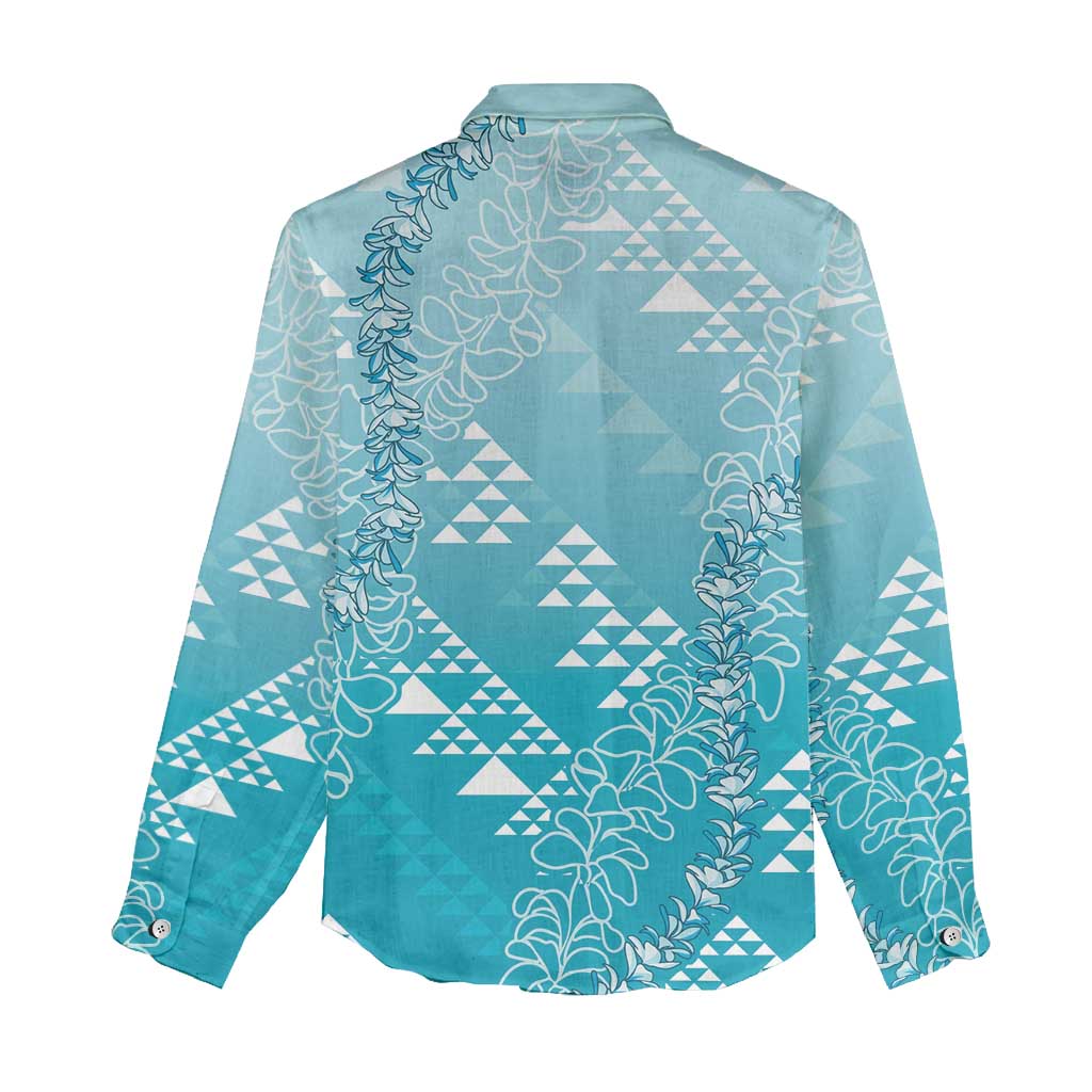 Hawaii Turquoise Kapa Women Casual Shirt Vintage 'Ohe Kāpala Motifs Mix Plumeria Leis
