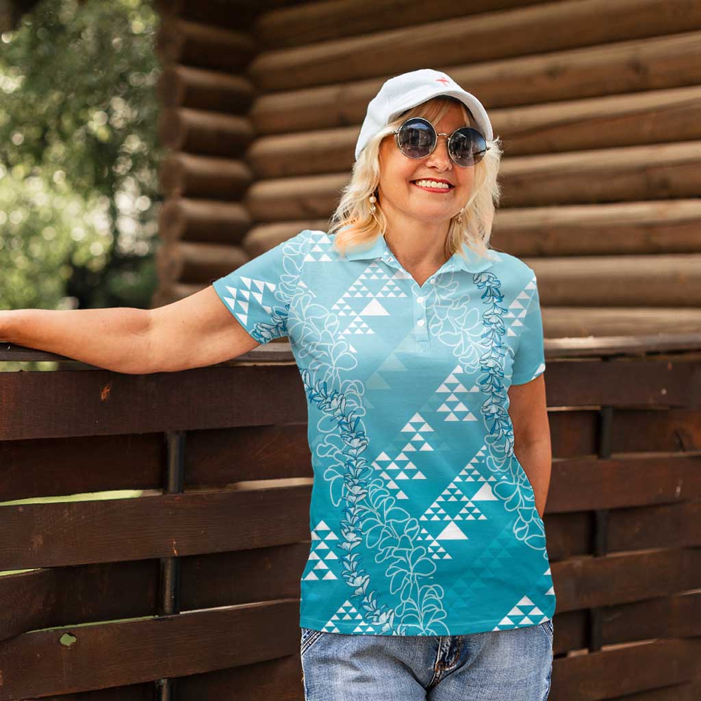 Hawaii Turquoise Kapa Women Polo Shirt Vintage 'Ohe Kāpala Motifs Mix Plumeria Leis