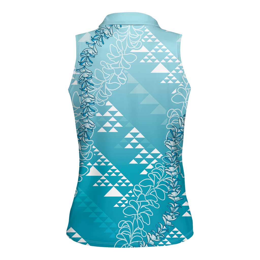 Hawaii Turquoise Kapa Women Sleeveless Polo Shirt Vintage 'Ohe Kāpala Motifs Mix Plumeria Leis