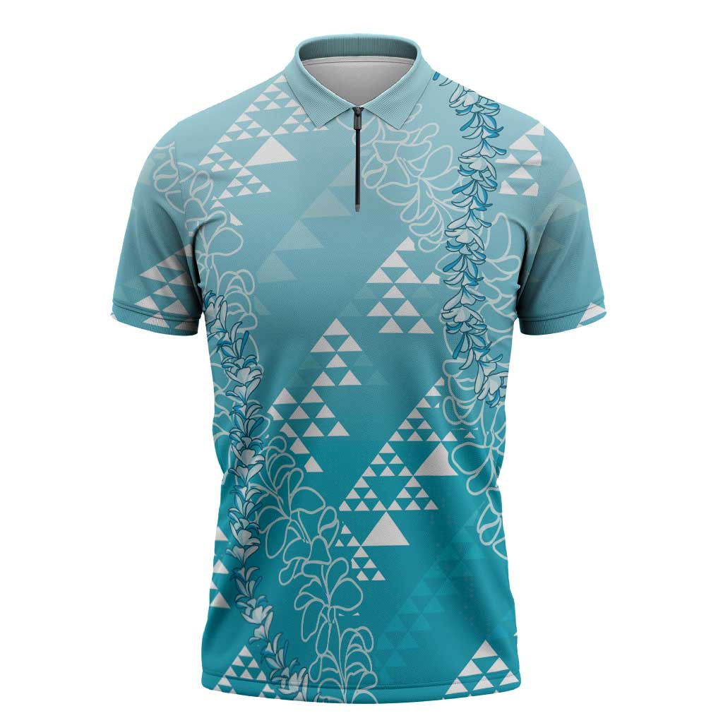 Hawaii Turquoise Kapa Zipper Polo Shirt Vintage 'Ohe Kāpala Motifs Mix Plumeria Leis LT7 Turquoise - Polynesian Pride