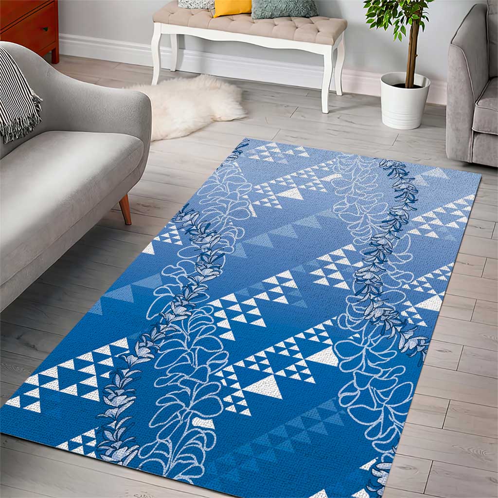 Hawaii Royal Blue Kapa Area Rug Vintage 'Ohe Kāpala Motifs Mix Plumeria Leis