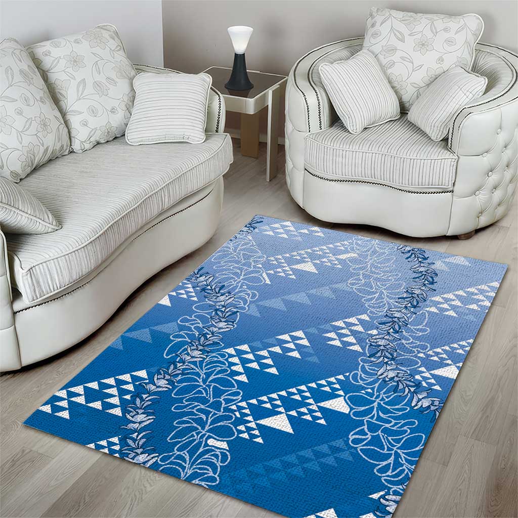 Hawaii Royal Blue Kapa Area Rug Vintage 'Ohe Kāpala Motifs Mix Plumeria Leis