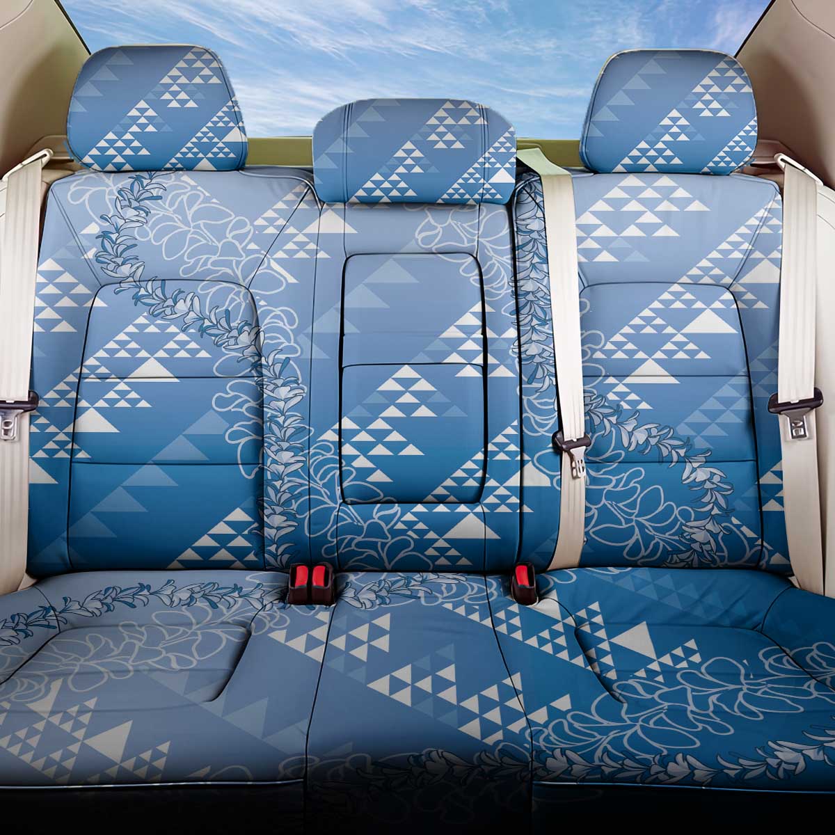 Hawaii Royal Blue Kapa Back Car Seat Cover Vintage 'Ohe Kāpala Motifs Mix Plumeria Leis