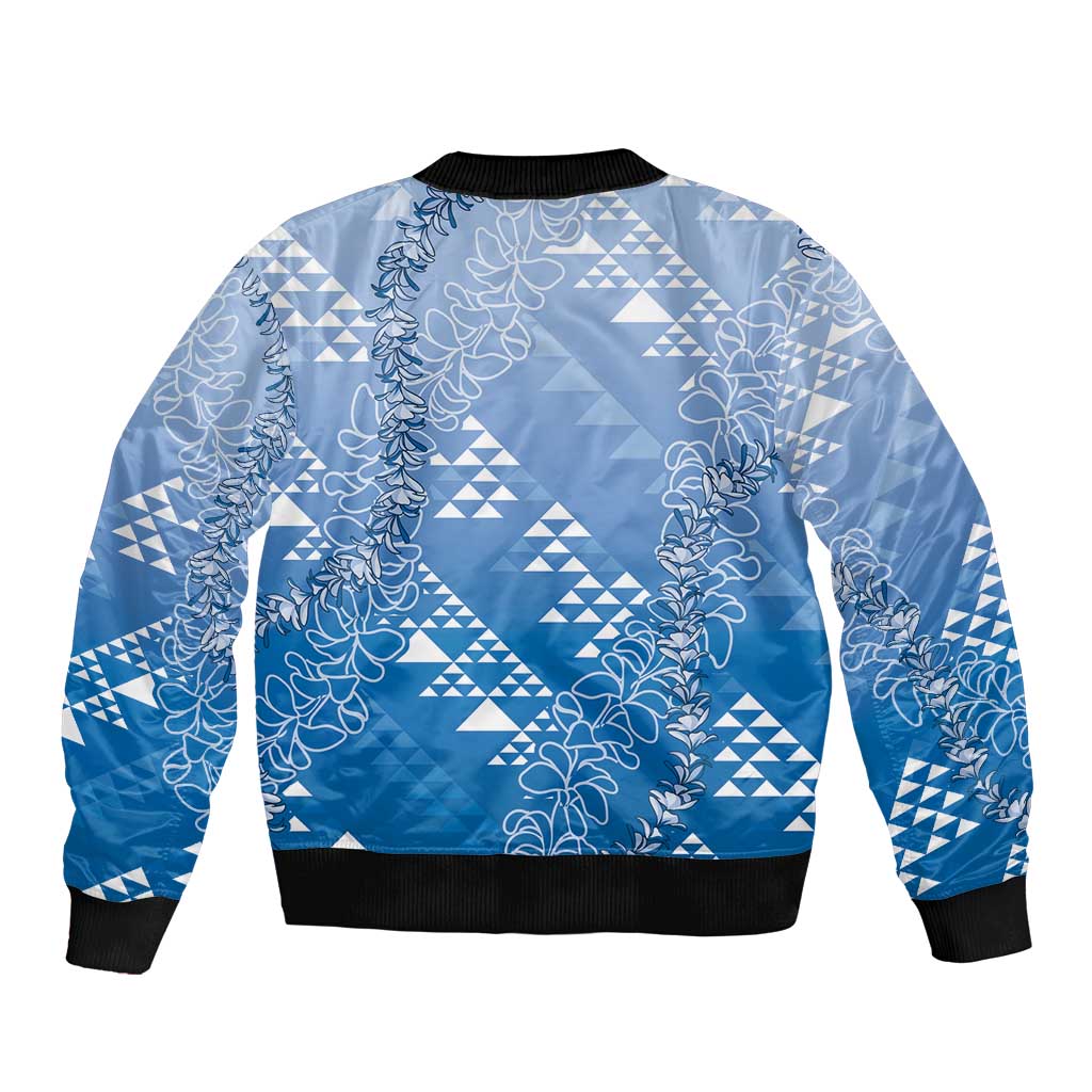 Hawaii Royal Blue Kapa Bomber Jacket Vintage 'Ohe Kāpala Motifs Mix Plumeria Leis
